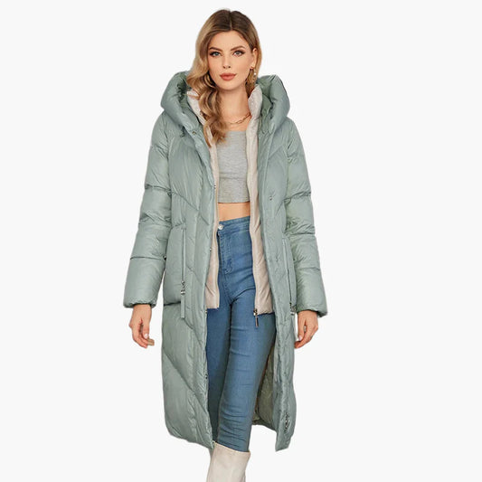 Damen Winter Steppmantel mit Kapuze, langer Daunenstil, modisch und warm für Alltag & Freizeit