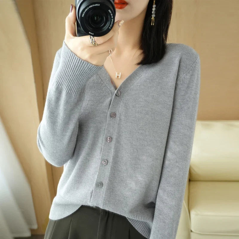 Damen Cardigan V-Ausschnitt Langarm Strickjacke mit Knöpfen