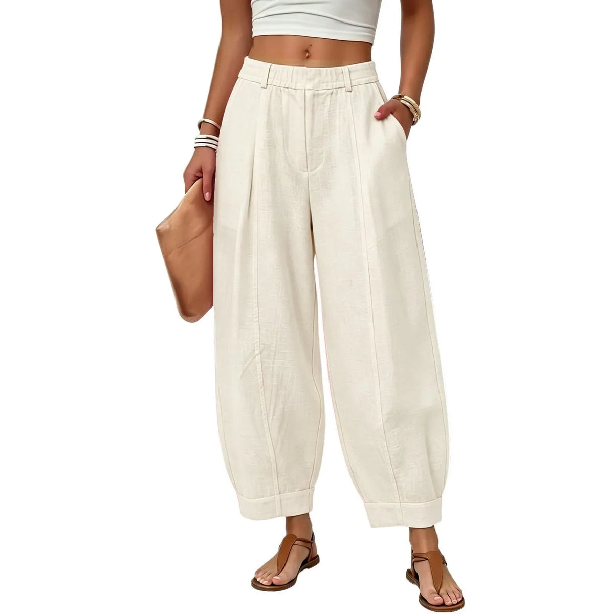 Damen Pumphose Weites Bein High-Waist Freizeithose mit Taschen