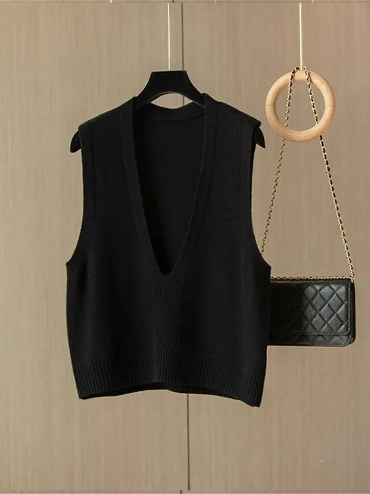 Damen Strickweste Pullover Weste V-Ausschnitt Ärmellos Kurzer Schnitt