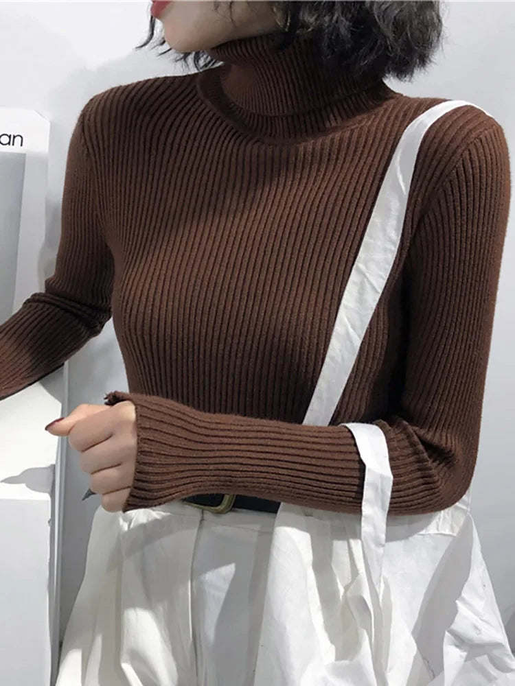 Damen Rollkragenpullover Gerippt Langarm Strickpullover