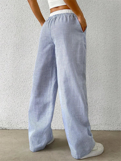 Damen Weite Hose mit Streifenmuster, Hohem Bund und Kordelzug – Lange Palazzo Hose