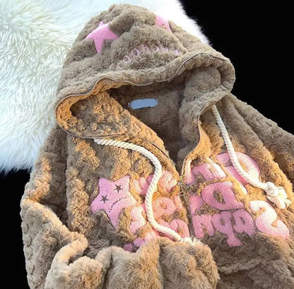 Unisex Teddy-Fleece Kapuzenjacke mit Reißverschluss und Sternenmuster