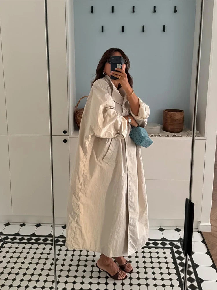 Damen Oversize Trenchcoat Mantel Lang Windbreaker Khaki