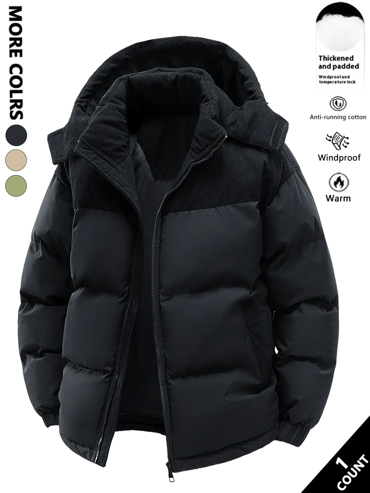 Gepolsterte Winterjacke mit Kapuze und Cord-Details für Herren