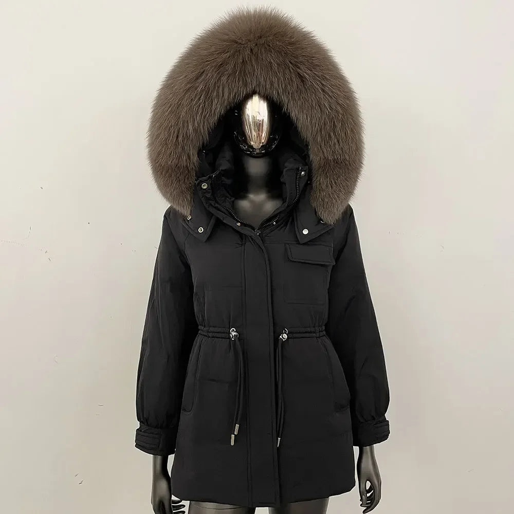 Damen Winter Parka mit Kapuze und Fellkragen Tunnelzug Weiß