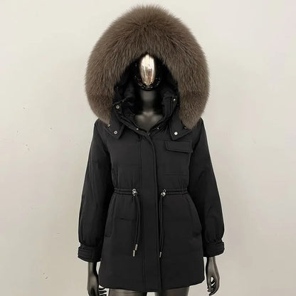 Damen Winter Parka mit Kapuze und Fellkragen Tunnelzug Weiß