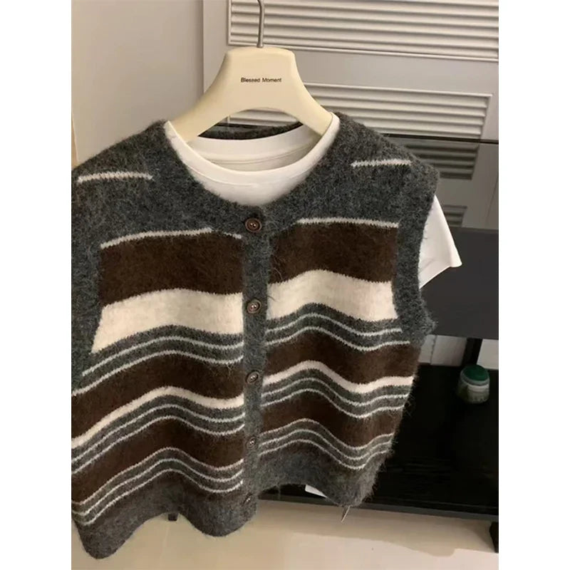 Damen Strickweste gestreift mit Knöpfen - Grau Braun Beige