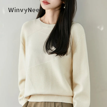 Damen Pullover Rundhals Langarm Strickpullover mit Textur