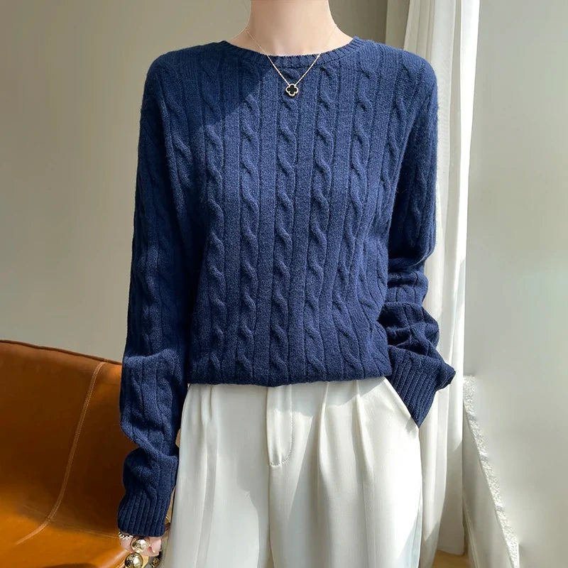 Damen Strickpullover Zopfmuster Rundhals Langarm