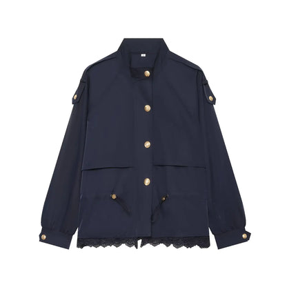 Damen Jacke mit Stehkragen, Schnürzug und Häkelspitze, Verschiedene Farben