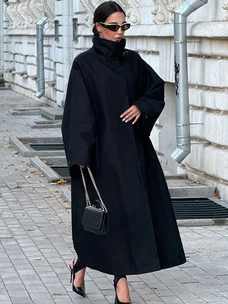 Damen Trenchcoat Lang Übergangsjacke Mantel mit Gürtel