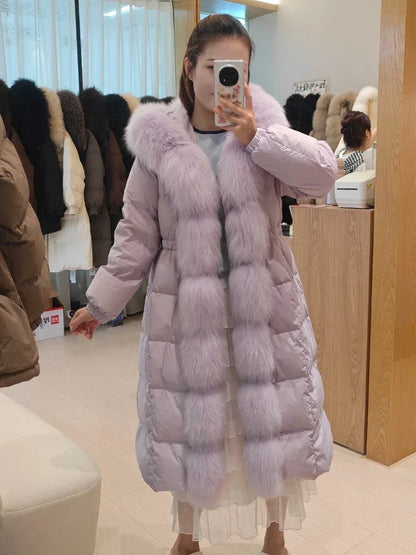Damen Winter Steppmantel Lang mit Kapuze und Pelzbesatz Schwarz