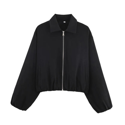 Damen Cropped Jacke Reißverschluss Stehkragen Langarm