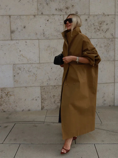 Damen Oversize Trenchcoat Mantel Lang Windbreaker Khaki
