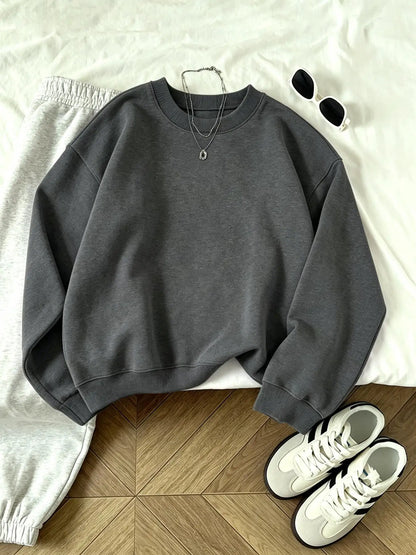 Unisex Basic Rundhals Sweatshirt Langarmshirt Rippbündchen Dunkelgrau