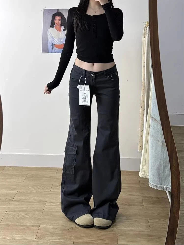Damen Cargo Hose Weites Bein Dunkelgrau Low Waist Flare Jeans