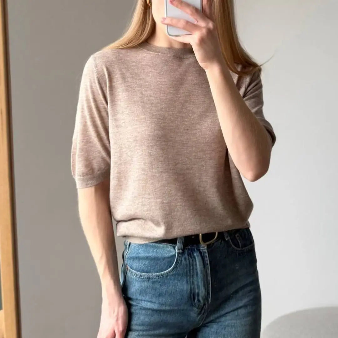 Damen Kurzarm Strickpullover Rundhals Weicher Feinstrick