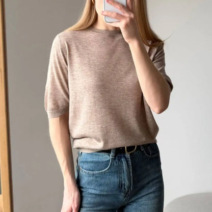 Damen Kurzarm Strickpullover Rundhals Weicher Feinstrick
