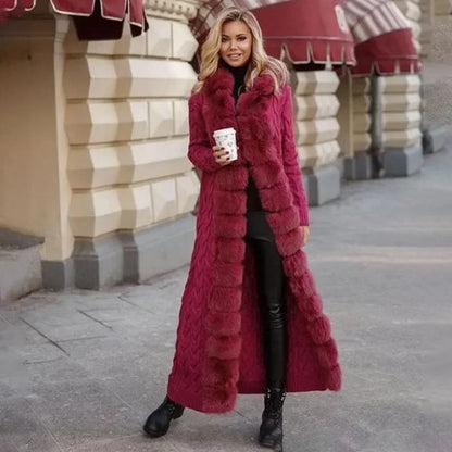 Damen Strickmantel Lang mit Kunstfellbesatz Zopfmuster Kapuze Winter