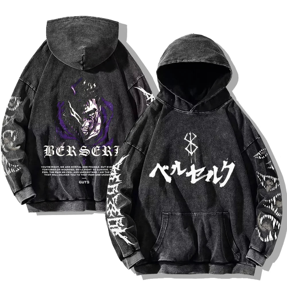 Oversized Kapuzenpullover Dunkelgrau mit Front- und Rückenprint und Ärmelprints