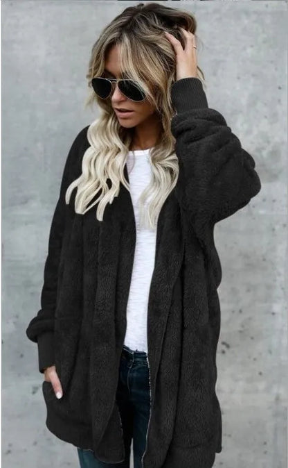 Damen Kuscheliger Teddyfell Cardigan Langarm Offene Vorderseite