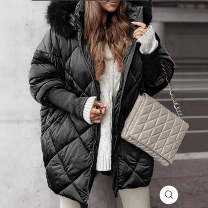 Steppjacke Damen mit Kapuze und Kunstfellbesatz Winter Warme Jacke