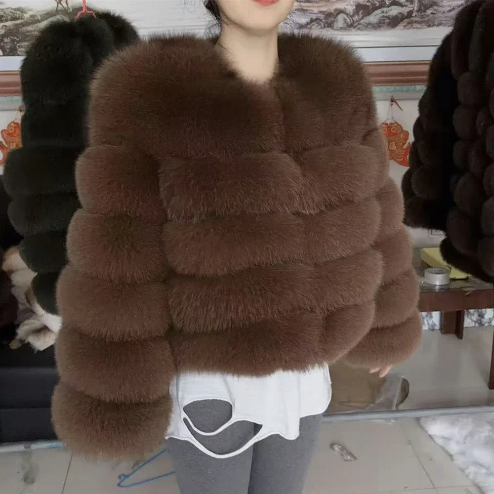 Damen Kurzjacke aus Kunstpelz, Winter Warmes Plüschjacke, Langarm Felljacke