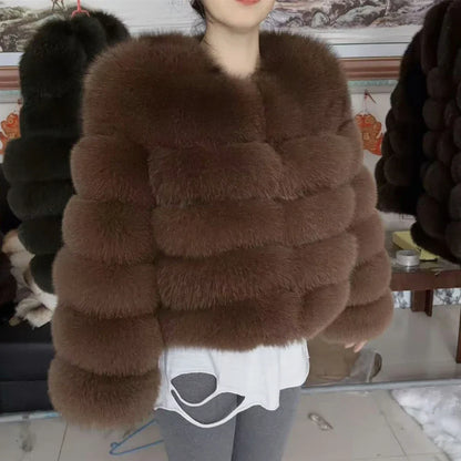 Damen Kurzjacke aus Kunstpelz, Winter Warmes Plüschjacke, Langarm Felljacke