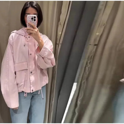 Kurze leichte Damenjacke Rosa mit Kapuze und Kordelzug