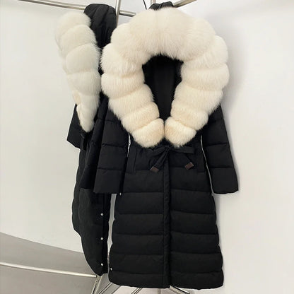 OFTBUY Grote Echte Vos Bontkraag X-Lange Puffer Jas Vrouwen Capuchon Winter Witte Eend Down Jas Dikke Vrouwelijke parka Met Riem