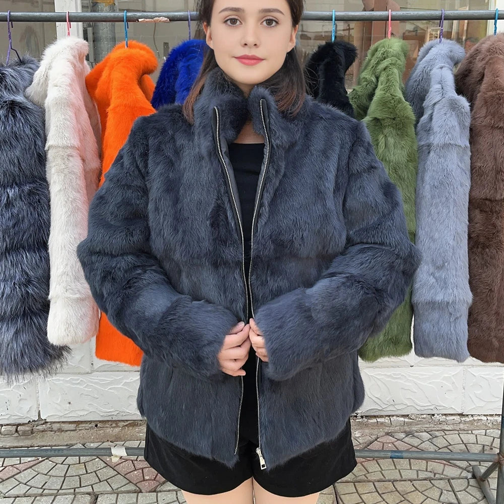 Damen Kurzmantel aus Kunstfell mit Stehkragen luxuriöse Winterjacke