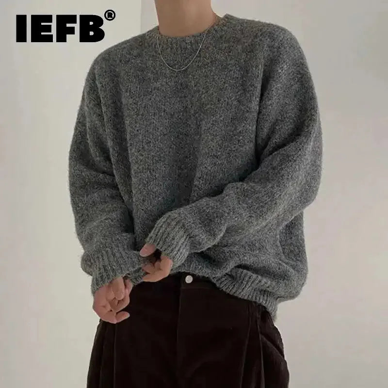 Grauer Strickpullover Rundhals für Herren, Langarm, Grobstrick