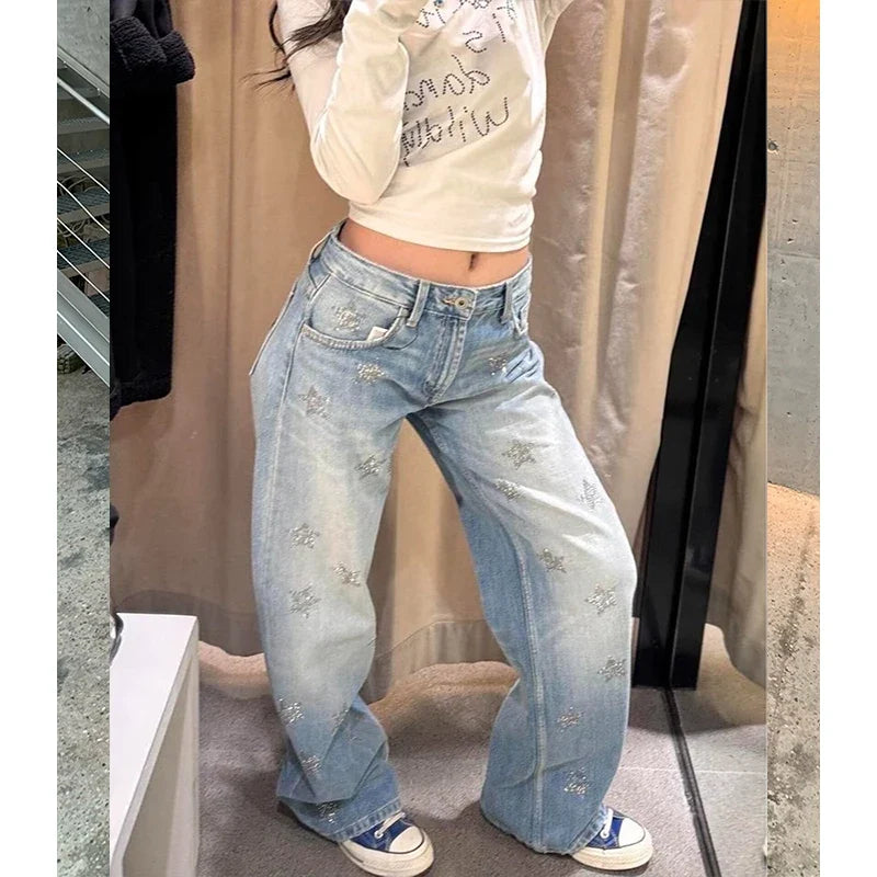 Damen Baggy Jeans mit weitem Bein, hellblau mit Sternenmuster