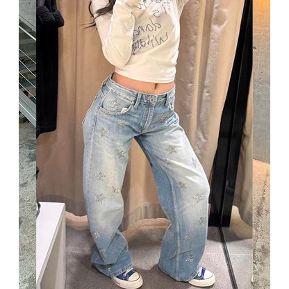 Damen Baggy Jeans mit weitem Bein, hellblau mit Sternenmuster