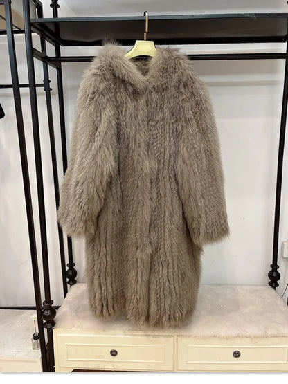 Damen Langer Kunstpelzmantel mit Kapuze, Teddyfell Optik, Mehrfarbig