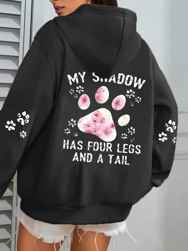 Damen Hoodie mit Kapuze und Blumen Pfotenabdruck Print