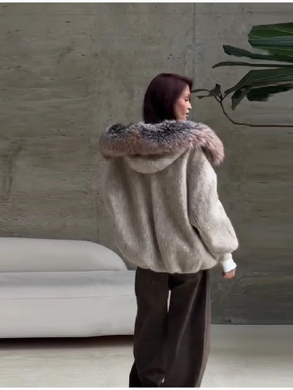 Damen Kurzjacke mit großem Fellkragen Reißverschluss Winter