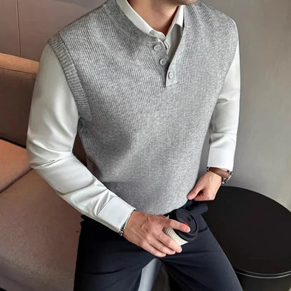 Herren Strickweste Kragenloser Pullover Grau Schwarz Braun