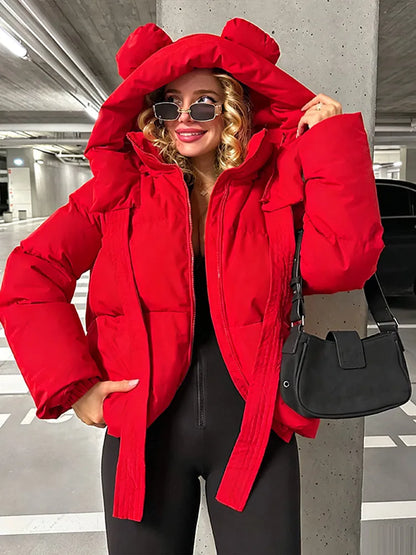 Damen Steppjacke mit Kapuze und Ohren Kurze Pufferjacke