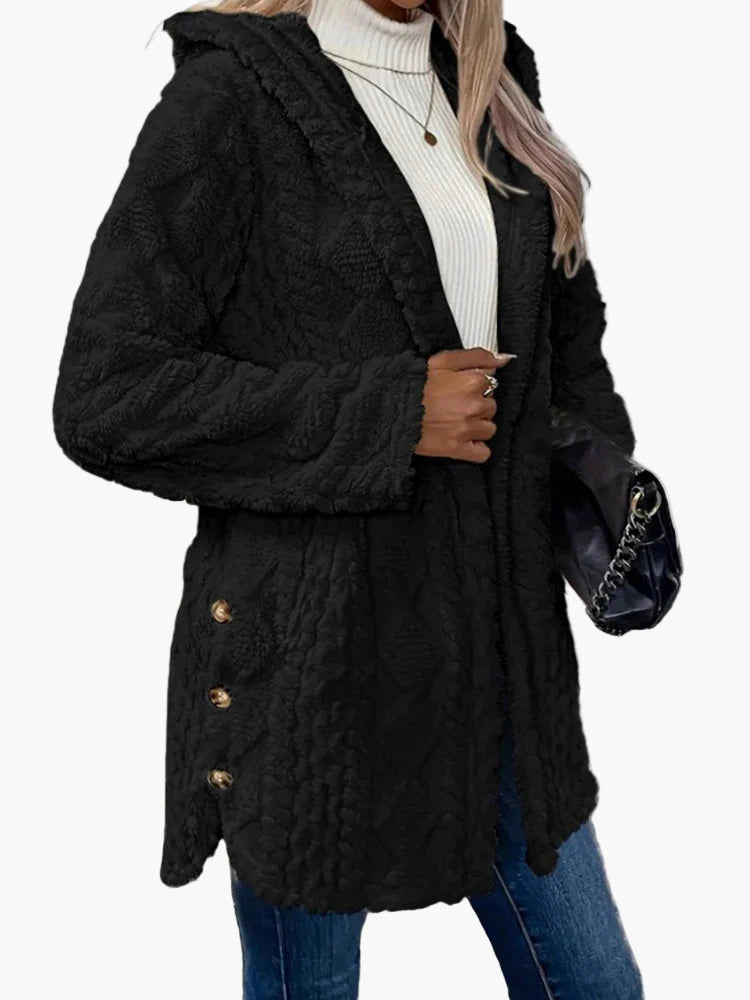 Damen Fleece Kapuzenjacke mit Knopfdetails – Kuschelige Freizeitjacke für Herbst & Winter