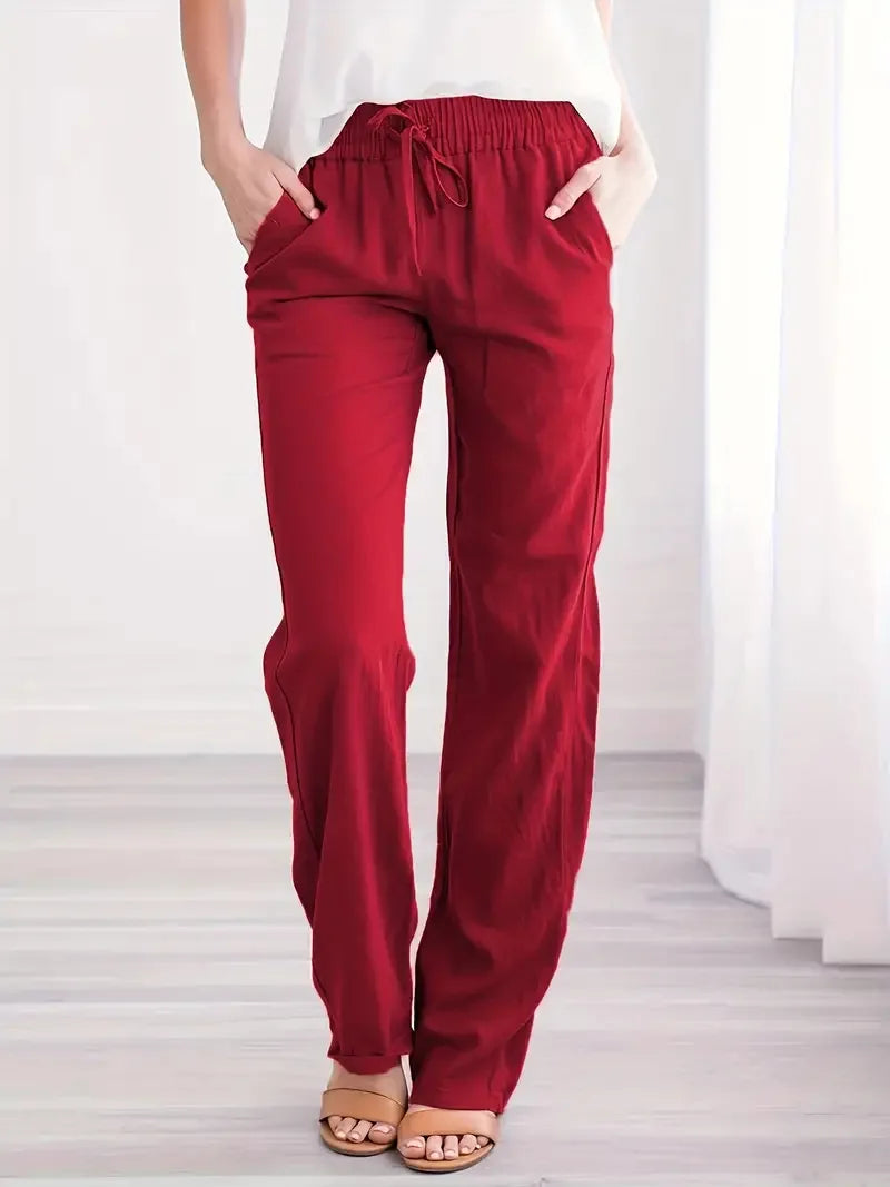 Damen Freizeithose mit weitem Bein und Kordelzug, Leinen-Look, Elastischer Bund