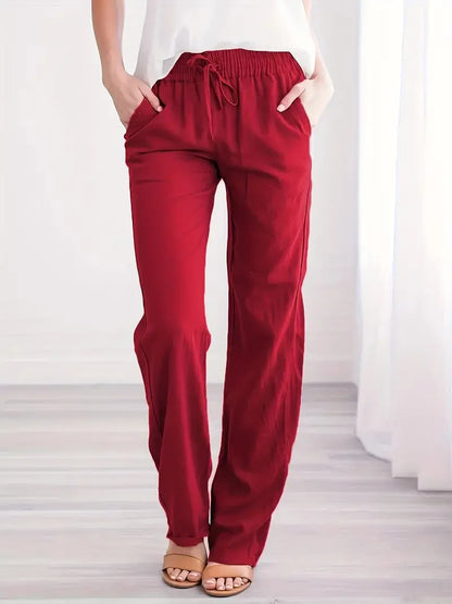 Damen Freizeithose mit weitem Bein und Kordelzug, Leinen-Look, Elastischer Bund