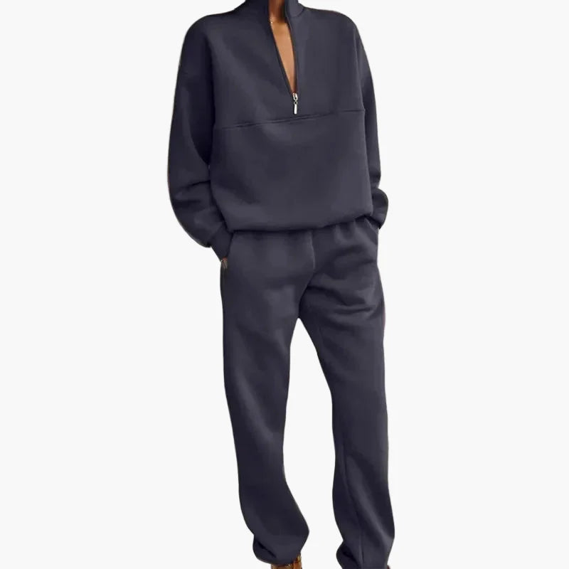 Damen Freizeit Zweiteiler Set – Bequemer Pullover mit Reißverschluss und Jogginghose, Lässiger Streetwear-Look für Alltag und Freizeit