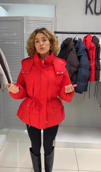 Damen Pufferjacke mit Kapuze und Tunnelzug Kurz Cremeweiß