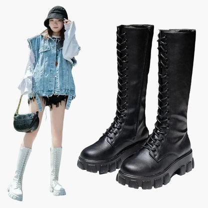 Damen Kniehohe Schnürstiefel mit Plateau – Trendige Chunky Boots für Alltag und Streetstyle