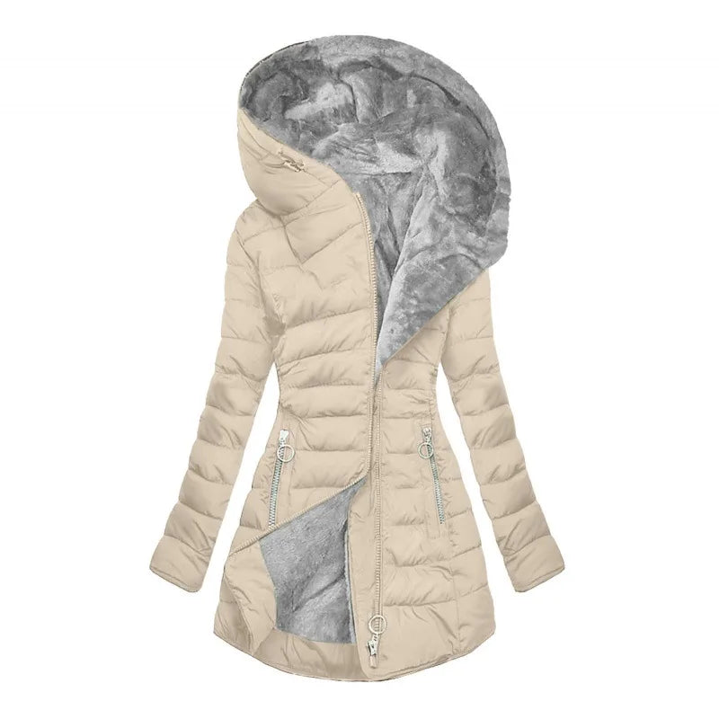 Damen Steppjacke mit Kapuze und Plüschfutter - Warme Winterjacke