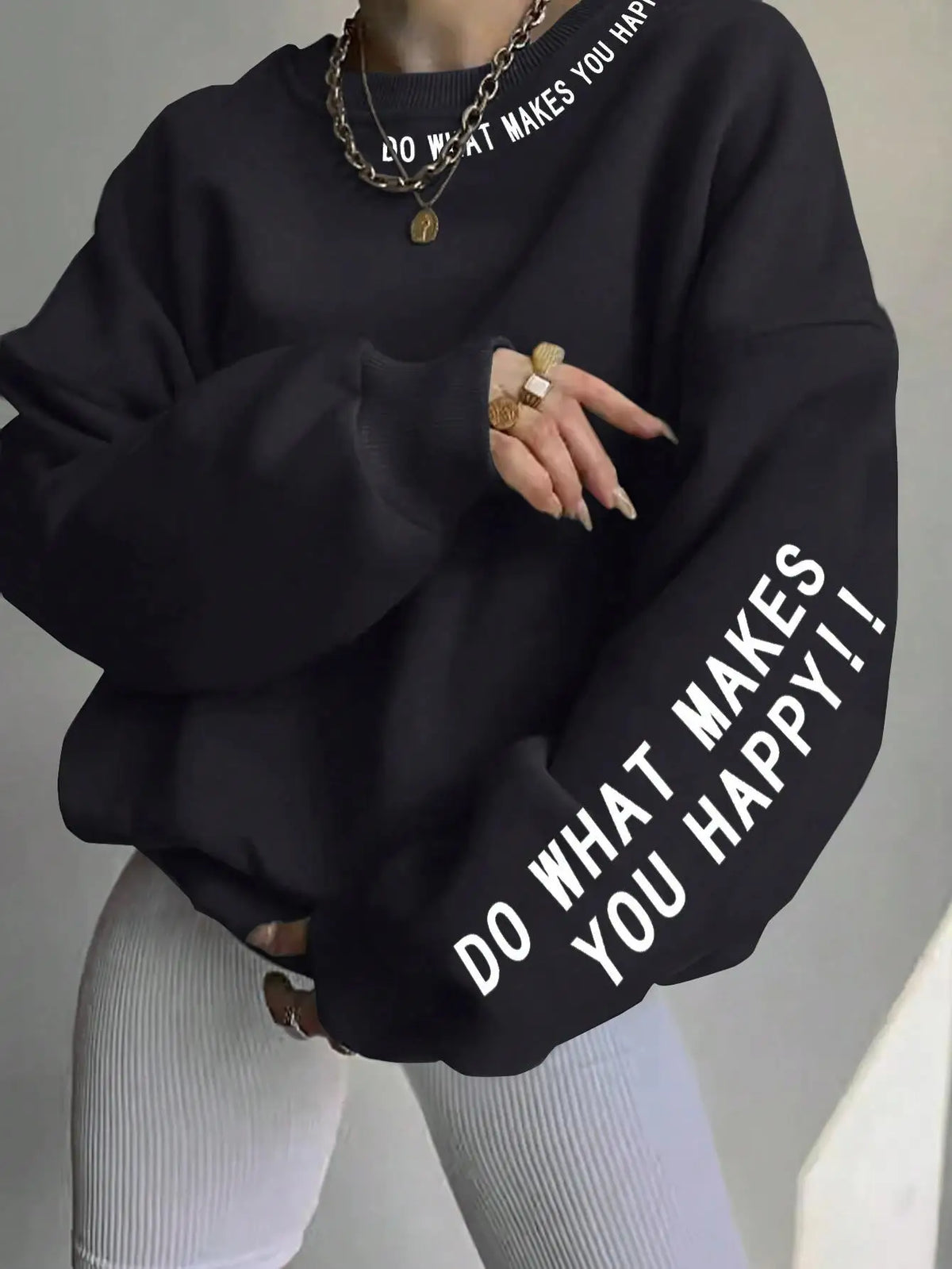 Damen Sweatshirt mit Spruch "DO WHAT MAKES YOU HAPPY!!" Rundhalsausschnitt Langarm