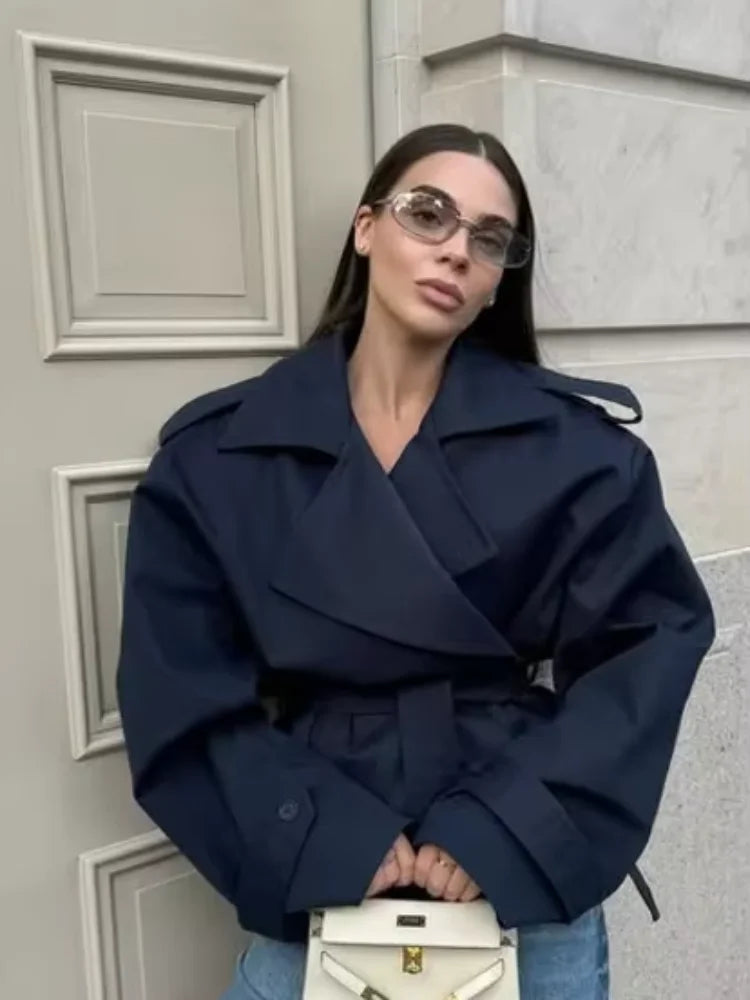 Damen Trenchcoat Lang Übergangsjacke Mantel mit Gürtel