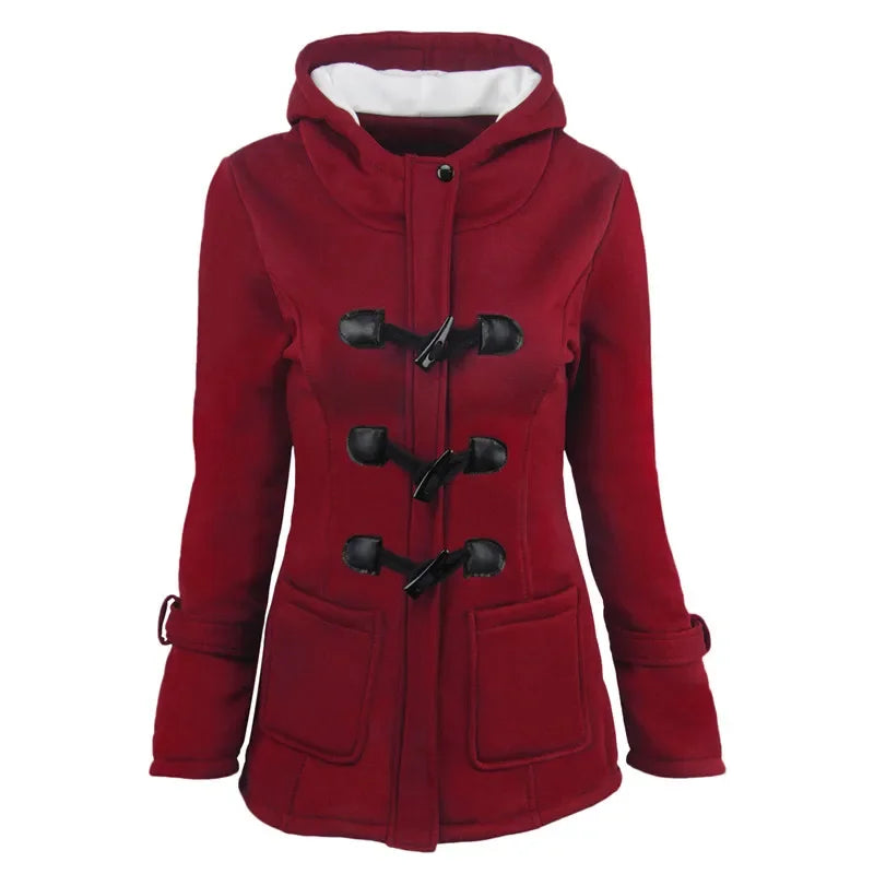 Damen Dufflecoat Jacke mit Kapuze und Knebelverschlüssen, warm gefüttert